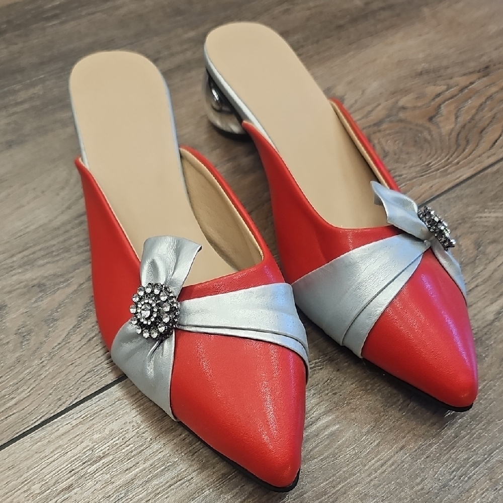 Elegant, Silver, Women's, Mules, Party, Wedding, Art, Summer, Fun, Bow, Red